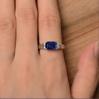 1.50 Ct Emerald Cut Blue Sapphire Solitaire W/Accents Engagement Ring 925 Sterling Silver