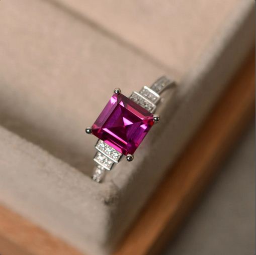 2.30 Ct Princess Cut Pink Ruby 925 sterling Silver Solitaire W/Accents Wedding Ring