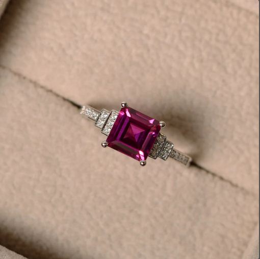 2.30 Ct Princess Cut Pink Ruby 925 sterling Silver Solitaire W/Accents Wedding Ring