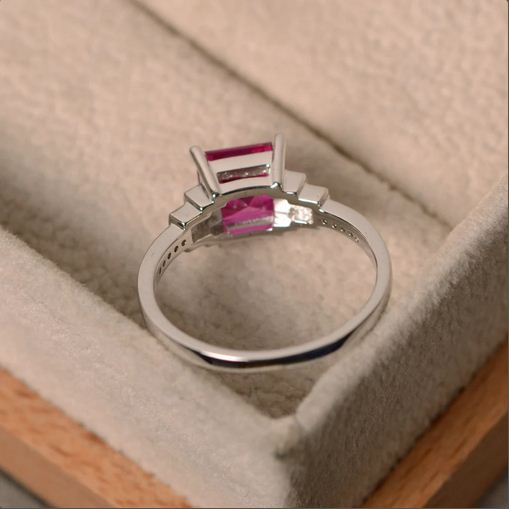 2.30 Ct Princess Cut Pink Ruby 925 sterling Silver Solitaire W/Accents Wedding Ring