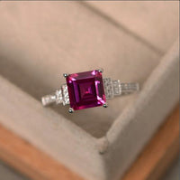 2.30 Ct Princess Cut Pink Ruby 925 sterling Silver Solitaire W/Accents Wedding Ring