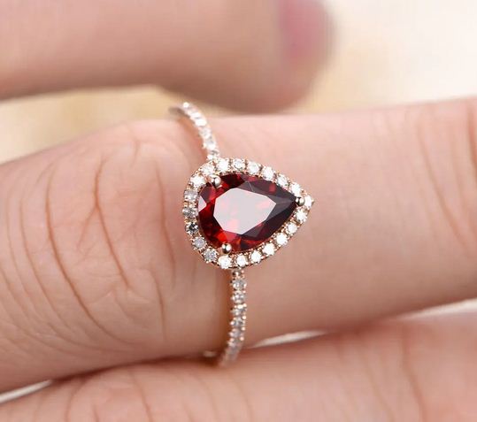 1.50 Ct Pear Cut Red Garnet Rose Gold Over On 925 Sterling Silver Halo Engagemenent Ring