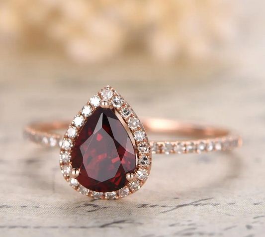 1.50 Ct Pear Cut Red Garnet Rose Gold Over On 925 Sterling Silver Halo Engagemenent Ring