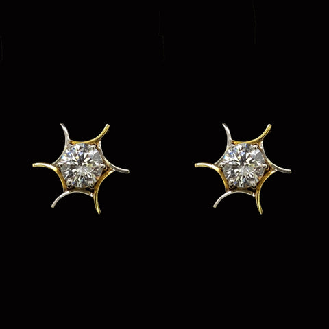 18k Gold Two-Tone Swirly Single Stone Stud Earrings