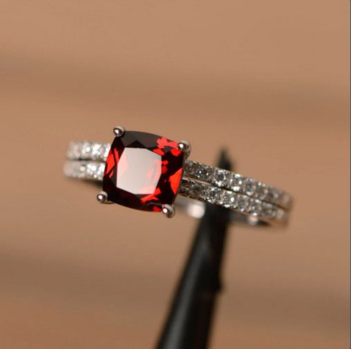 2.75 Ct Cushion Cut Red Garnet & Round CZ Engagement Ring Set 925 Sterling Silver