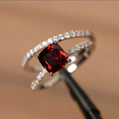 2.75 Ct Cushion Cut Red Garnet & Round CZ Engagement Ring Set 925 Sterling Silver