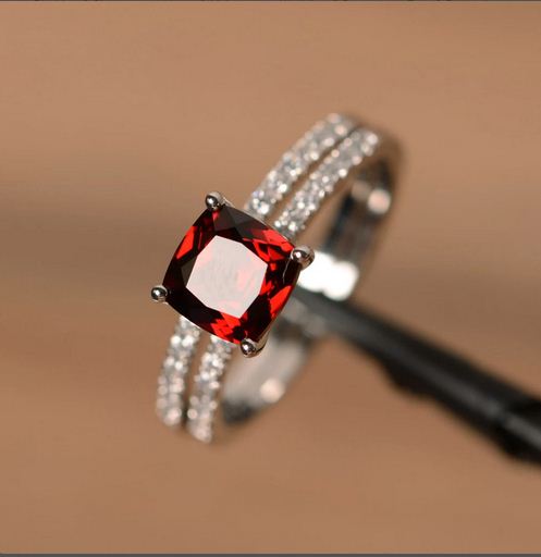 2.75 Ct Cushion Cut Red Garnet & Round CZ Engagement Ring Set 925 Sterling Silver