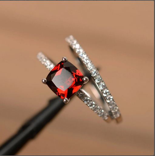 2.75 Ct Cushion Cut Red Garnet & Round CZ Engagement Ring Set 925 Sterling Silver