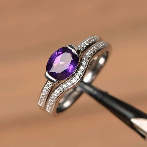 2.75 Ct Oval Cut Purple Amethyst 925 Sterling Silver February Birthstone Ring Set