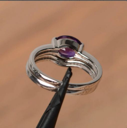 2.75 Ct Oval Cut Purple Amethyst 925 Sterling Silver February Birthstone Ring Set