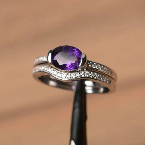 2.75 Ct Oval Cut Purple Amethyst 925 Sterling Silver February Birthstone Ring Set