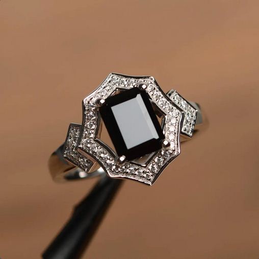 4.00 Ct Emerald Cut Black Diamond & Round CZ 925 Sterling Silver Halo Ring