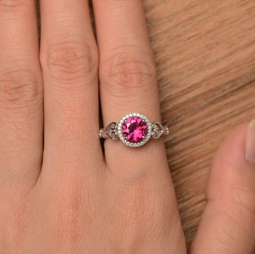 1.25 Ct Round Cut Pink Ruby 925 Sterling Silver Halo Promise Gift Ring