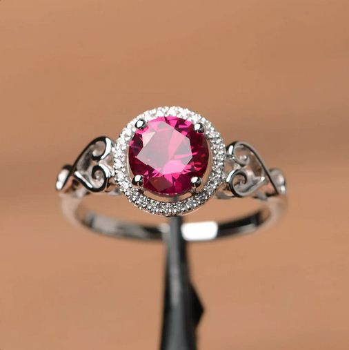 1.25 Ct Round Cut Pink Ruby 925 Sterling Silver Halo Promise Gift Ring