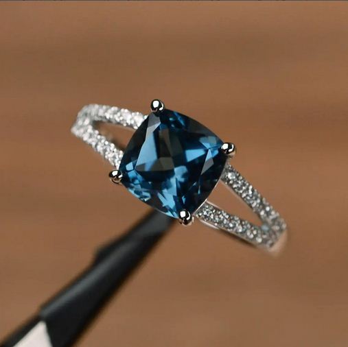 2.30 CT Cushion Cut London Blue Topaz 925 Sterling Silver Solitaire W/Accents Anniversary Ring