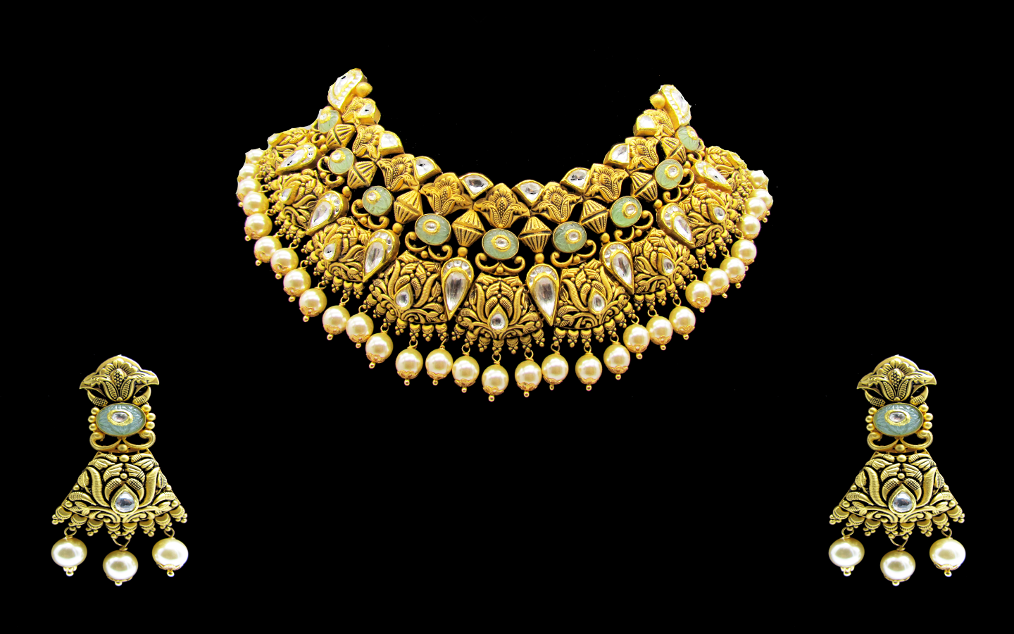 Triangle Pearl Jadau Work Design Choker - atjewels.in