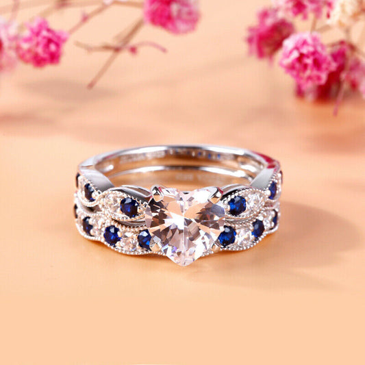 2.50 Ct Heart Cut Diamond & Round Sapphire Engagement Bridal Ring Set In 925 Sterling Silver