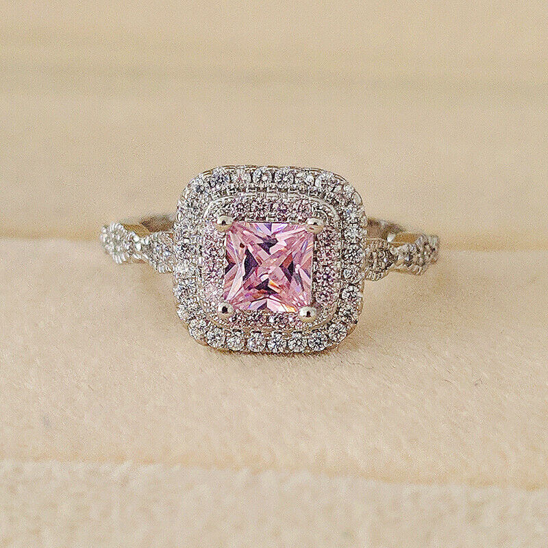 CT Princess Cut Pink Sapphire Double Halo Engagement Ring In 925  Sterling Silver