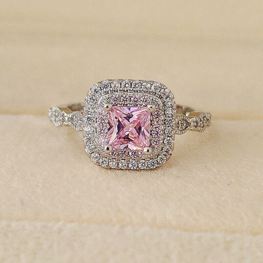 1.20 CT Princess Cut Pink Sapphire Double Halo Engagement Ring In 925 Sterling Silver