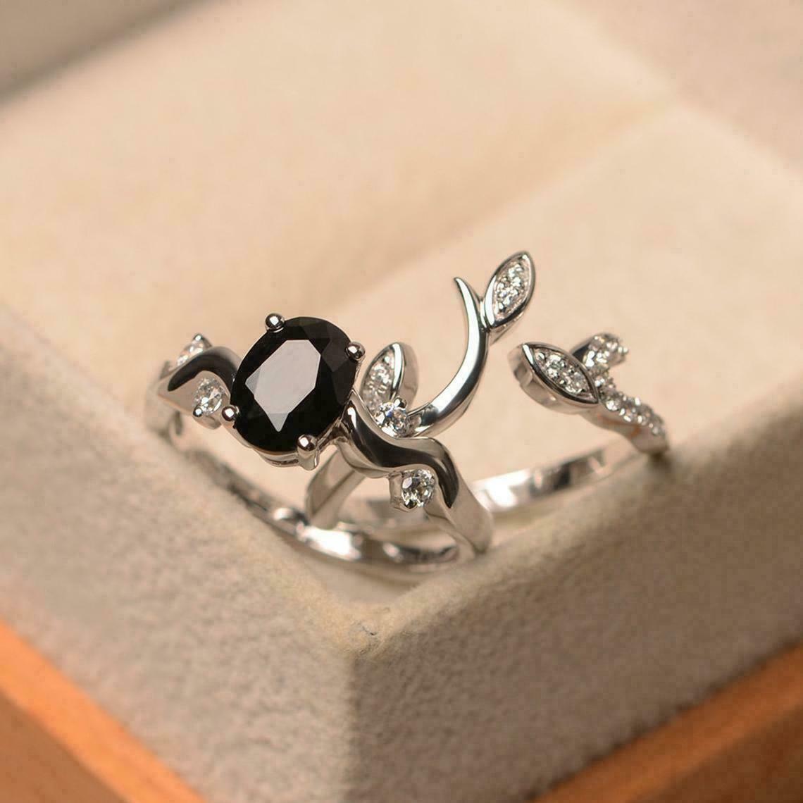 2.20 Ct Oval Cut Black Diamond Bridal Engagement Wedding Ring Set In 925 Sterling Silver