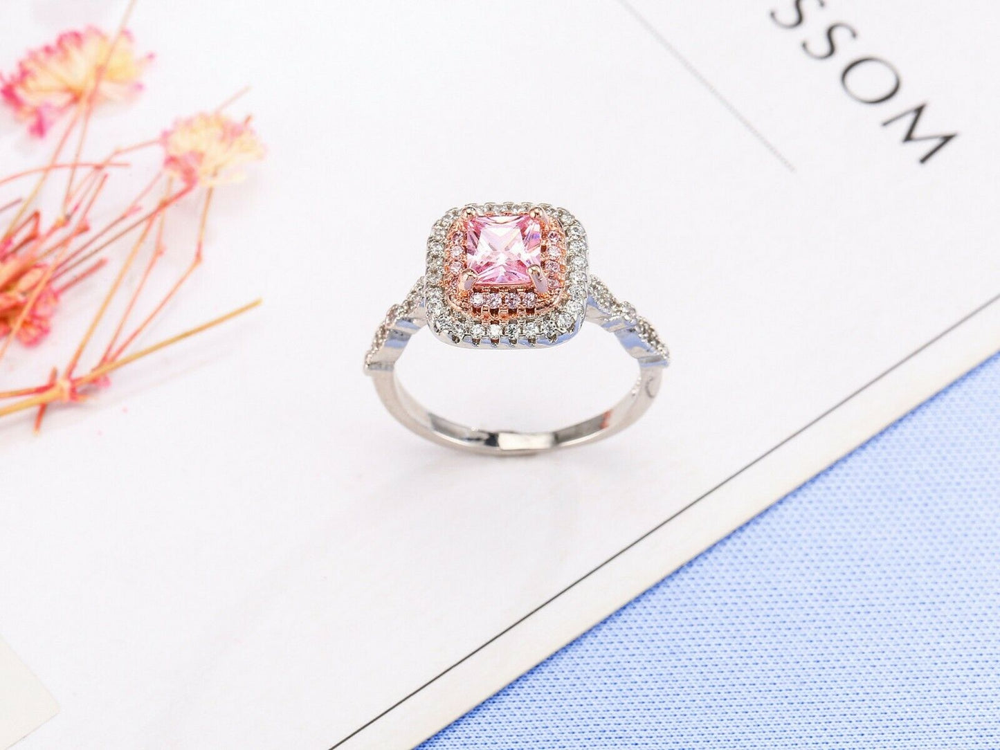 1.20 CT Princess Cut Pink Sapphire Double Halo Engagement Ring In 925 Sterling Silver