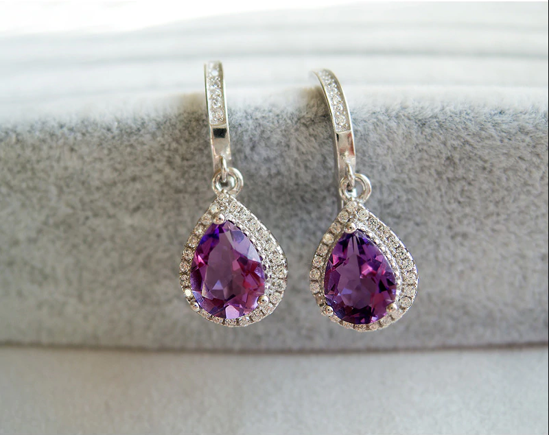925 Sterling Sliver 3 CT Pear Cut Amethyst Drop/Dangle Women's Earrings