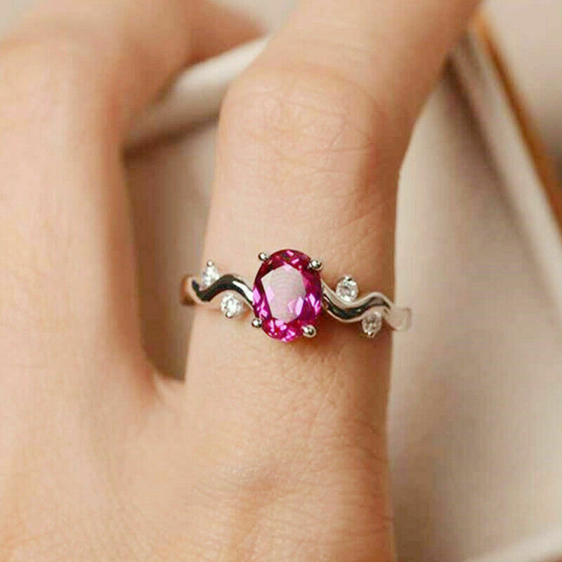 1 CT Oval Cut Ruby Diamond White Gold Over On 925 Sterling Silver Solitaire Engagement Ring