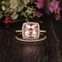 3 CT Cushion Cut Morganite Diamond Bridal Set Engagement Ring 925 Sterling Silver