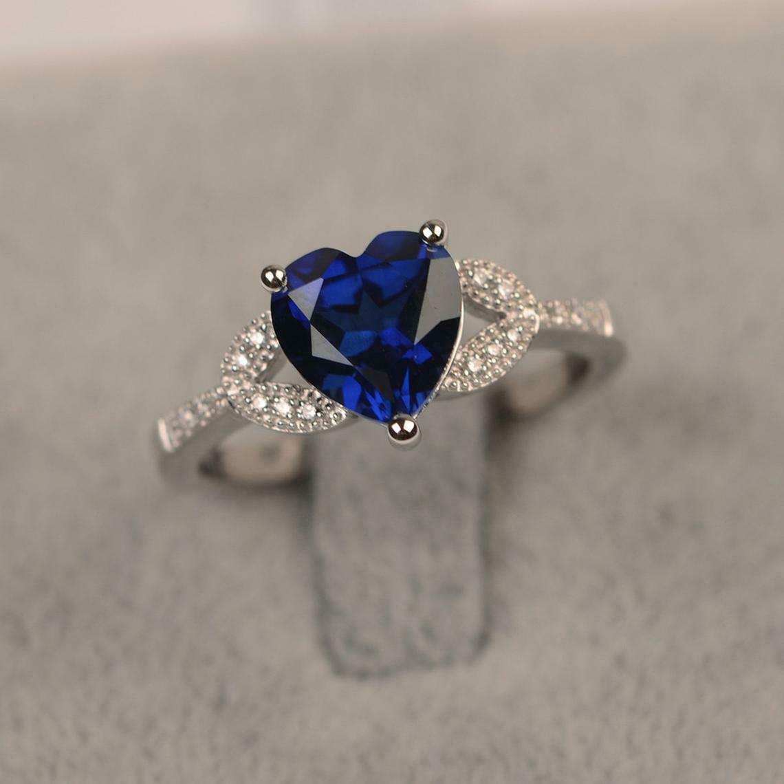 1 CT Heart Cut Blue Sapphire Diamond 925 Sterling Silver Engagement Ring For Women's.