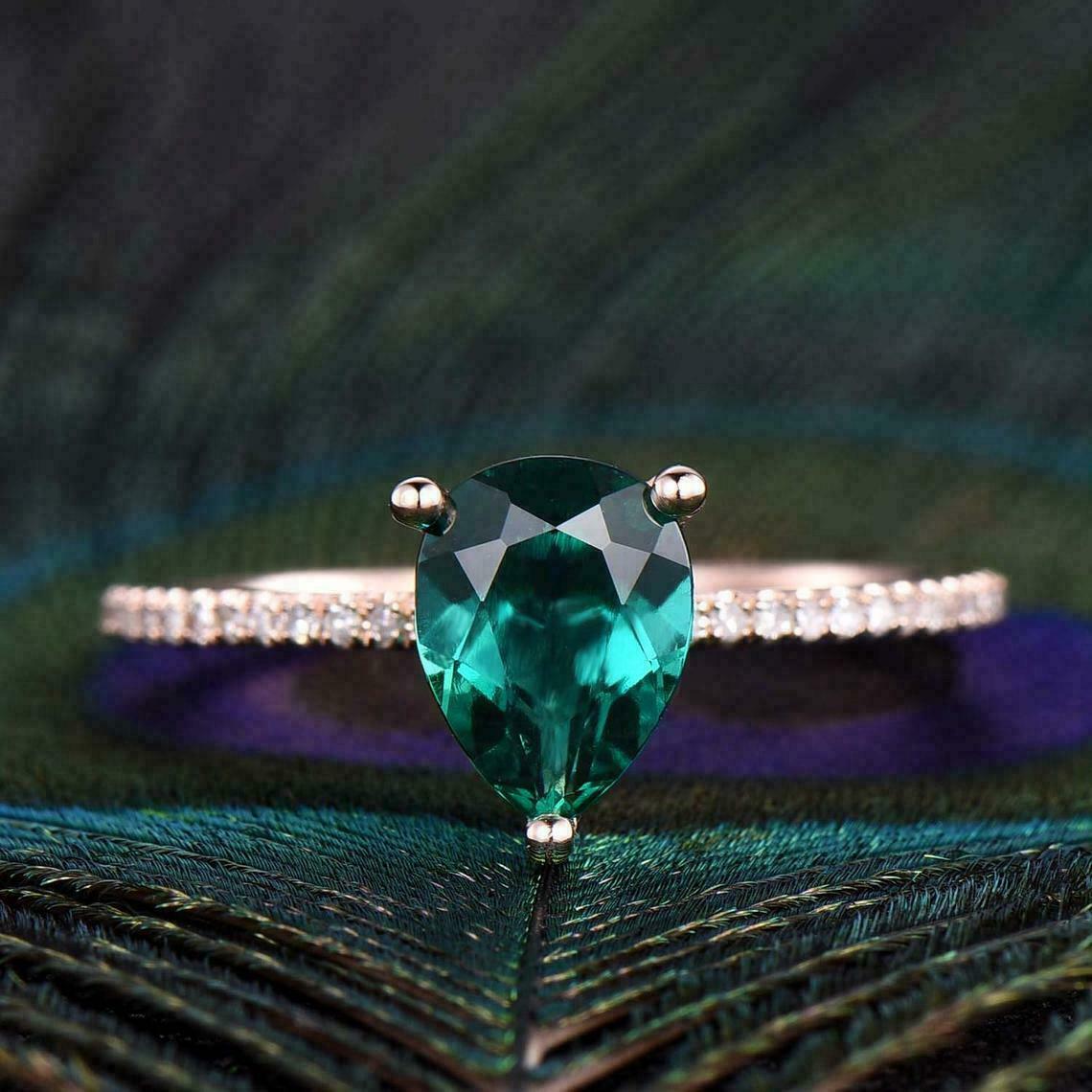 1 CT Pear Cut Green Emerald Diamond Solitaire Engagement Ring 925 Sterling Silver