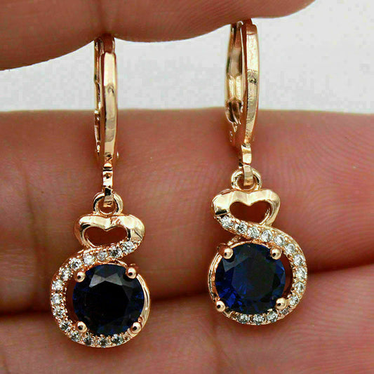 2 CT Round Cut Blue Sapphire & Diamond  925 Sterling Silver Drop/Dangle Earrings