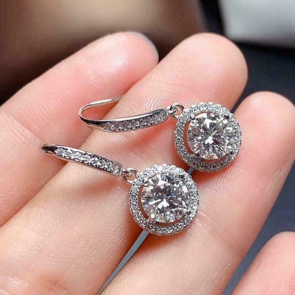 3 CT Round Cut Diamond Drop/Dangle Halo Earrings 925 Sterling Sliver