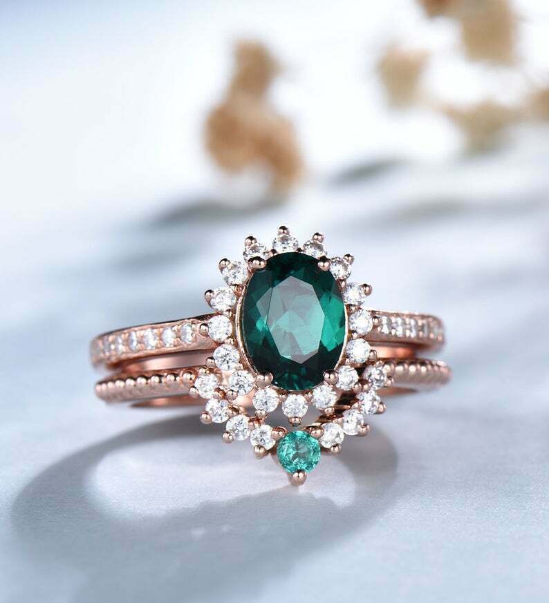 6mm Cushion Cut Emerald Ring Set Solid 14K White Gold Emerald Engagement  Ring Set Wedding Ring
