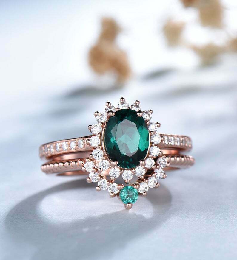 3 CT Oval Cut Green Emerald Women's Wedding Bridal Ring Set 14K Rose Gold Finish 925 Sterling Silver - atjewels.in
