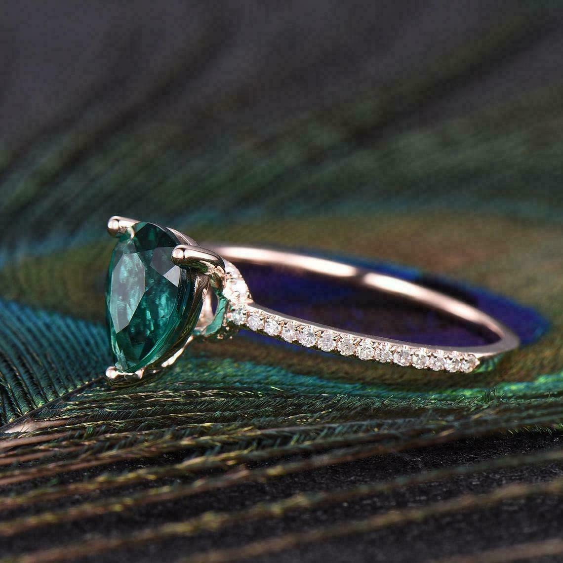 1 CT Pear Cut Green Emerald Diamond Solitaire Engagement Ring 925 Sterling Silver