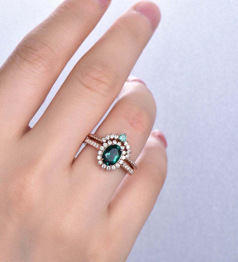 3 CT Oval Cut Green Emerald Women's Wedding Bridal Ring Set 14K Rose Gold Finish 925 Sterling Silver - atjewels.in