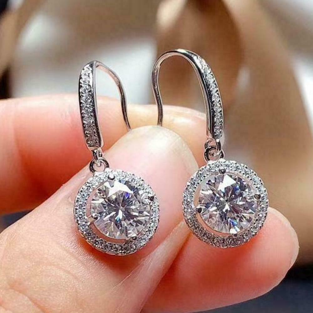 3 CT Round Cut Diamond Drop/Dangle Halo Earrings 925 Sterling Sliver