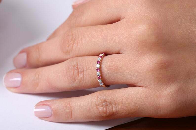 0.75 CT Red Ruby & CZ Diamond Yellow Gold Over On 925 Sterling Silver Half Eternity Band Ring