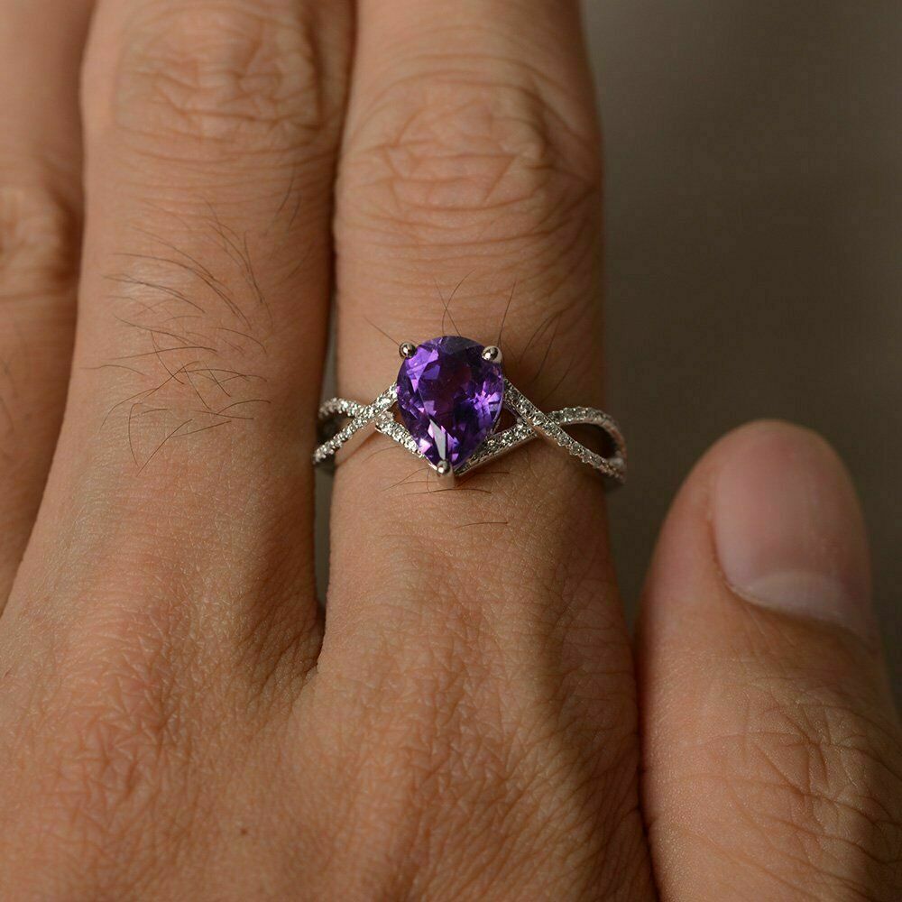 1 CT Pear Cut Amethyst Diamond Anniversary Ring 925 Sterling Silver
