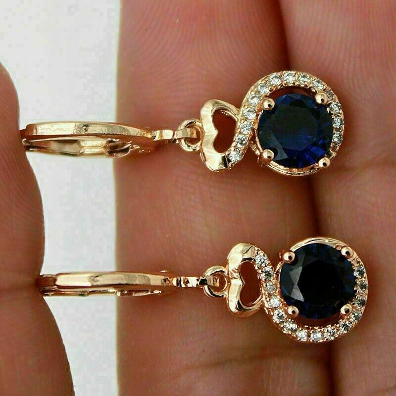 2 CT Round Cut Blue Sapphire & Diamond  925 Sterling Silver Drop/Dangle Earrings