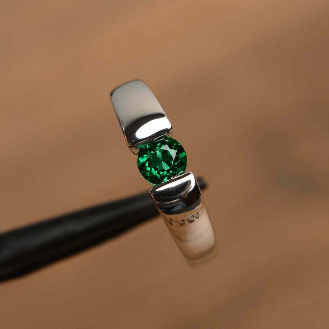 1.20 CT Round-Cut Green Emerald Tension Engagement Ring 925 Sterling Silver