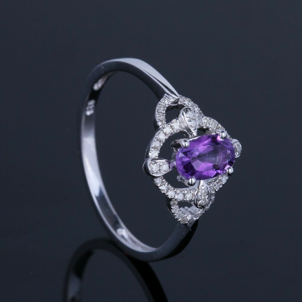 Sterling Silver 925 2 CT Oval Cut Amethyst Diamond Women's Wedding Ring