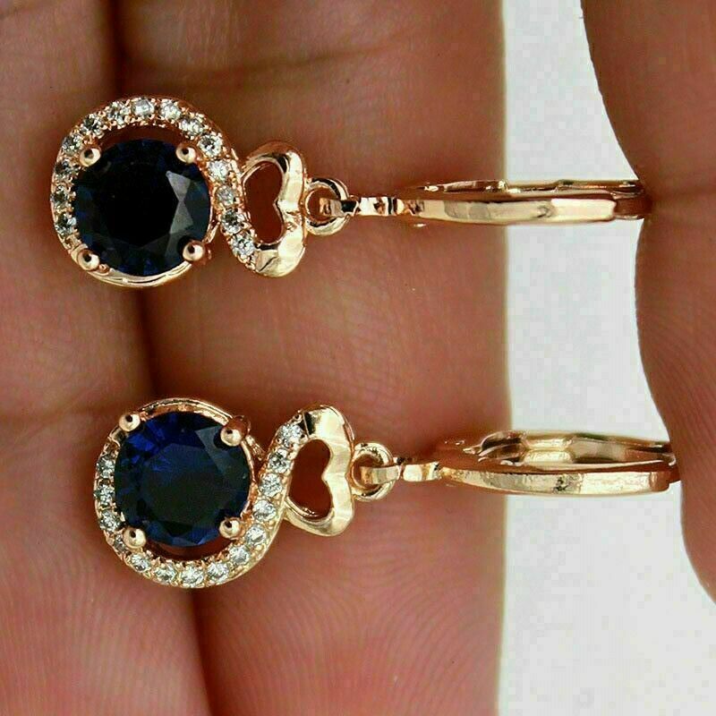 2 CT Round Cut Blue Sapphire & Diamond  925 Sterling Silver Drop/Dangle Earrings