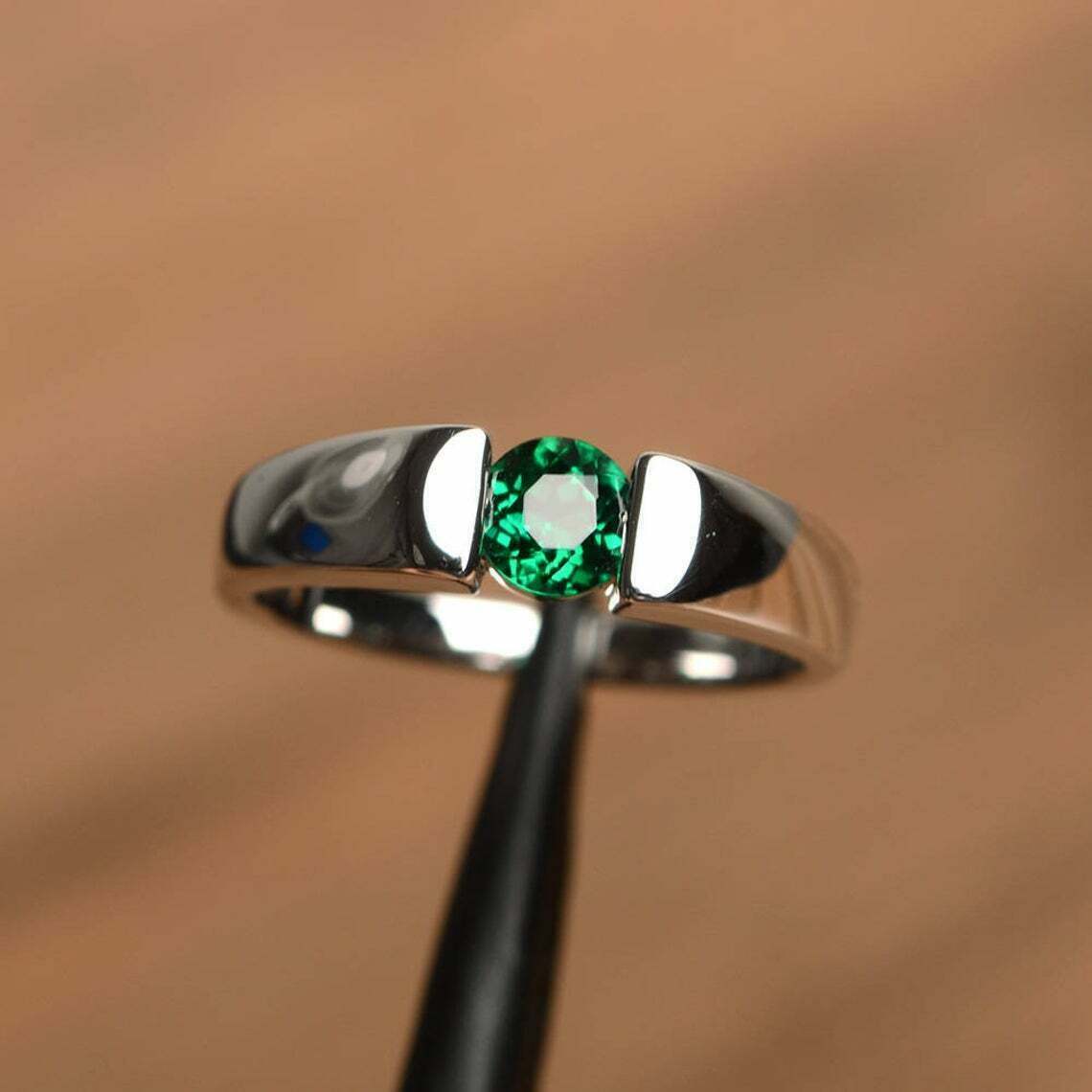 1.20 CT Round-Cut Green Emerald Tension Engagement Ring 925 Sterling Silver
