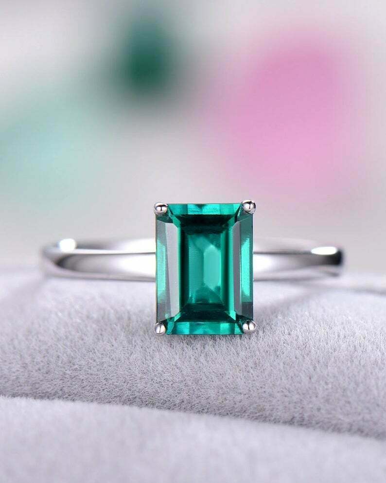 1 CT Green Emerald Cut Engagement Ring 4 Prong Solitaire 925 Sterling Silver