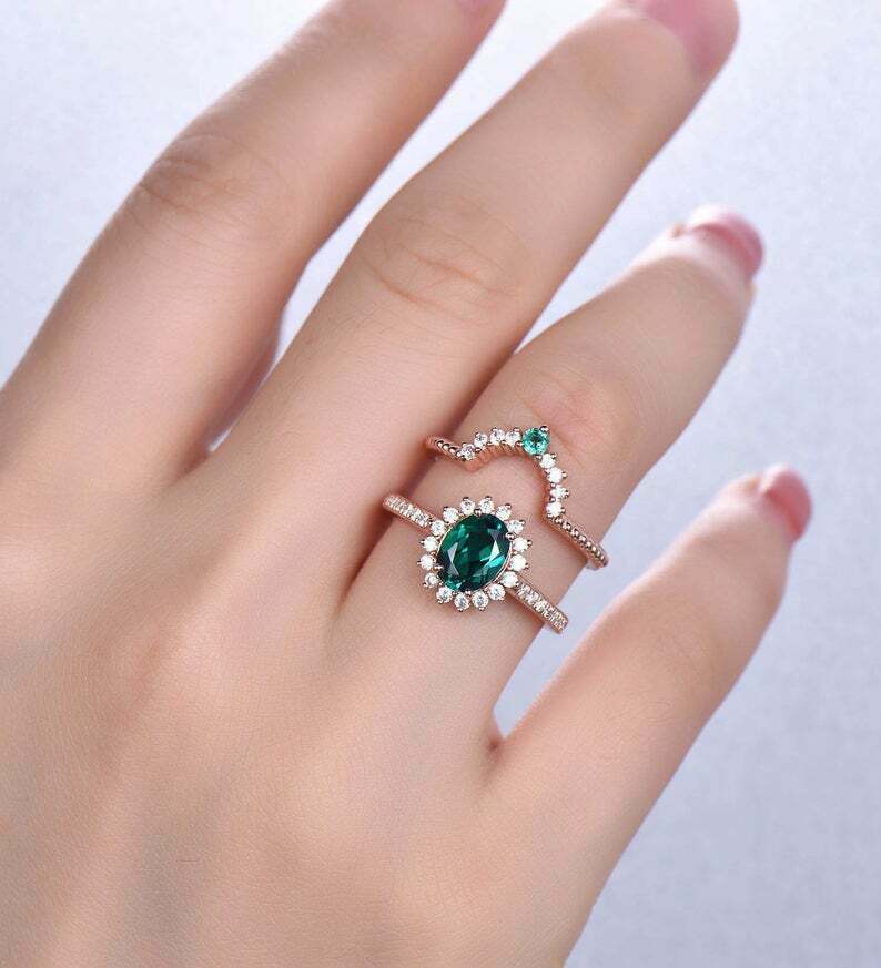 3 CT Oval Cut Green Emerald Women's Wedding Bridal Ring Set 14K Rose Gold Finish 925 Sterling Silver - atjewels.in