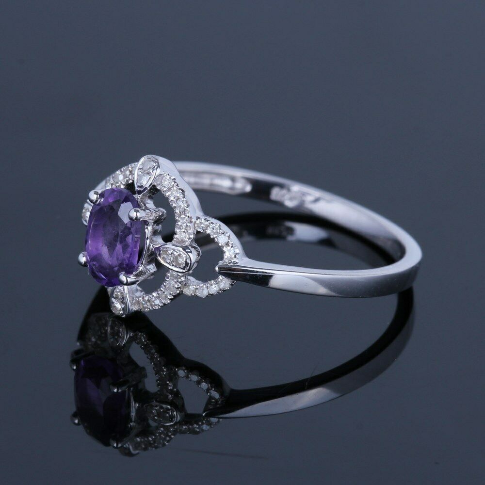 Sterling Silver 925 2 CT Oval Cut Amethyst Diamond Women's Wedding Ring