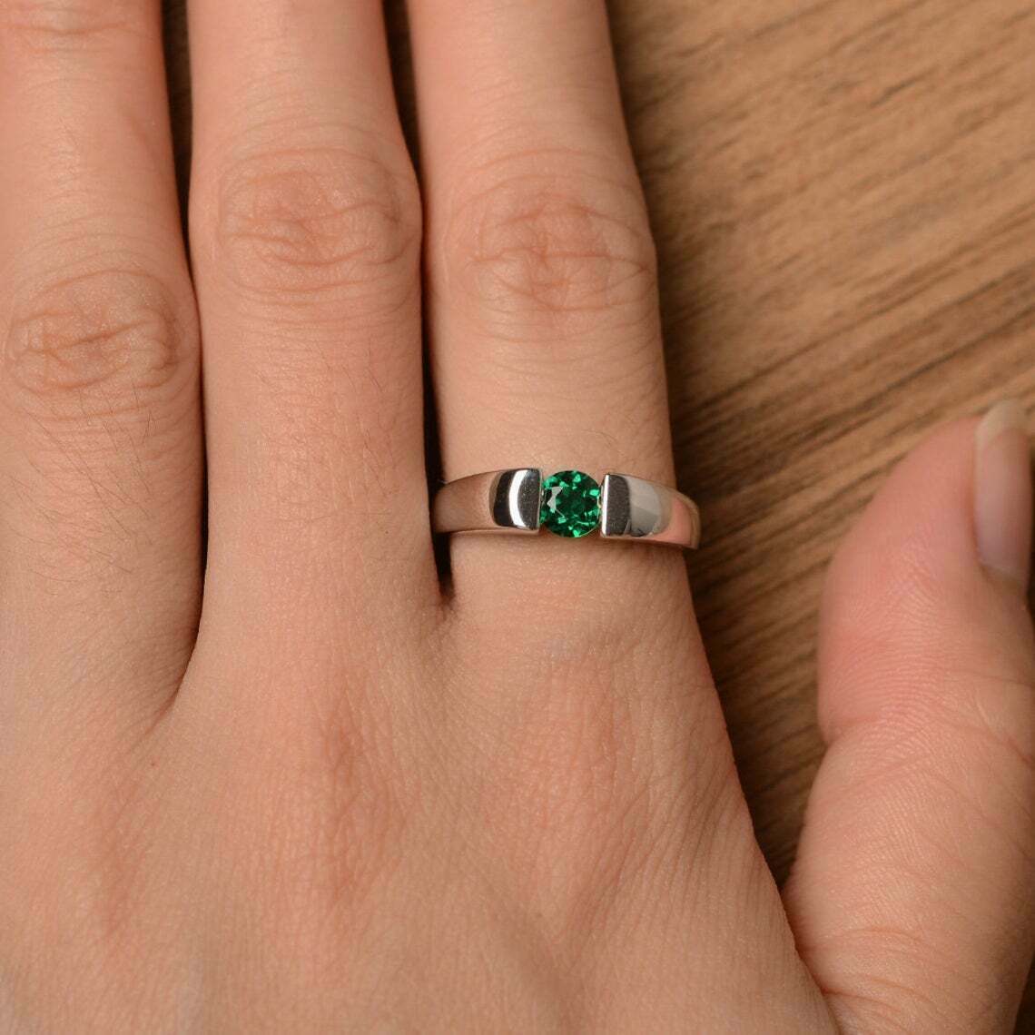 1.20 CT Round-Cut Green Emerald Tension Engagement Ring 925 Sterling Silver