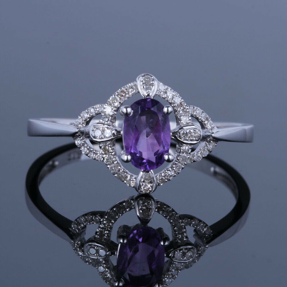 Sterling Silver 925 2 CT Oval Cut Amethyst Diamond Women's Wedding Ring