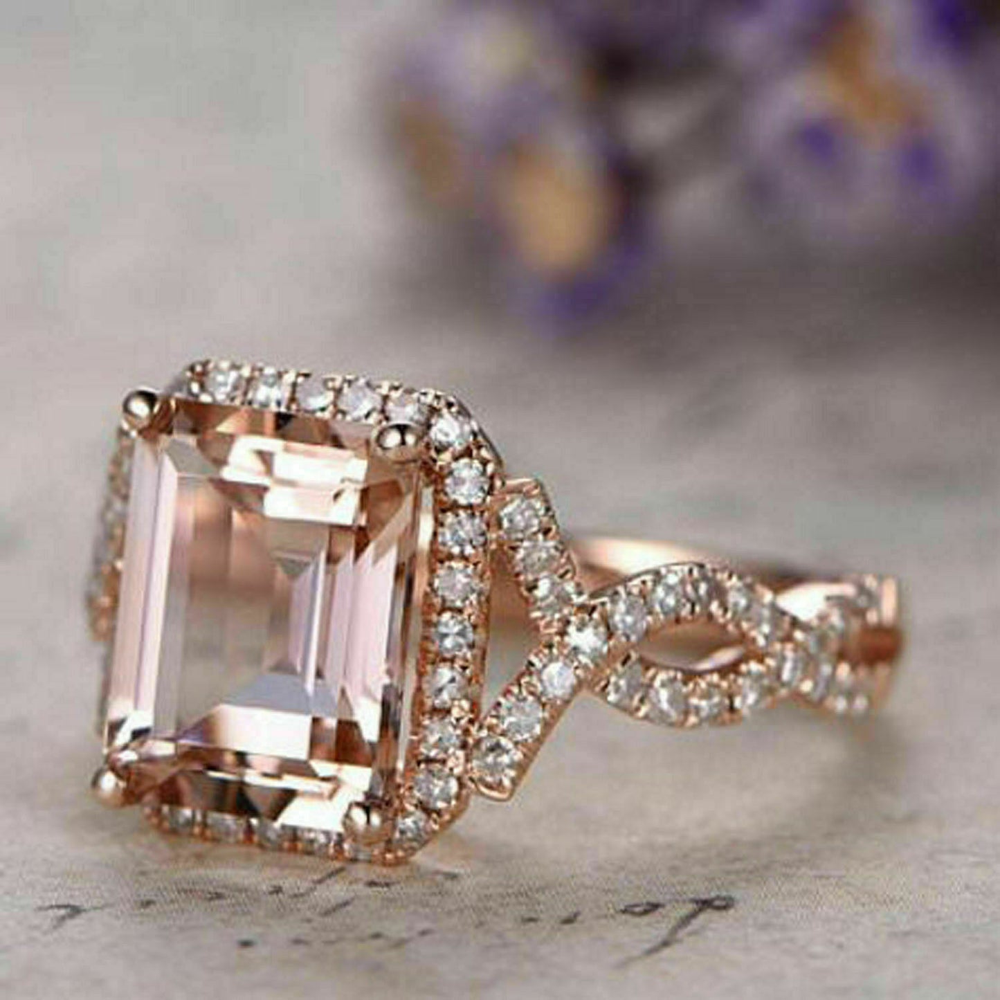 925 Sterling Sliver 3 CT Emerald Cut Morganite Diamond Halo Wedding Ring